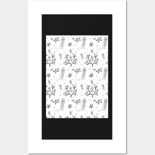 Underwater Pattern with Jellyfish in black and white Posters and Art